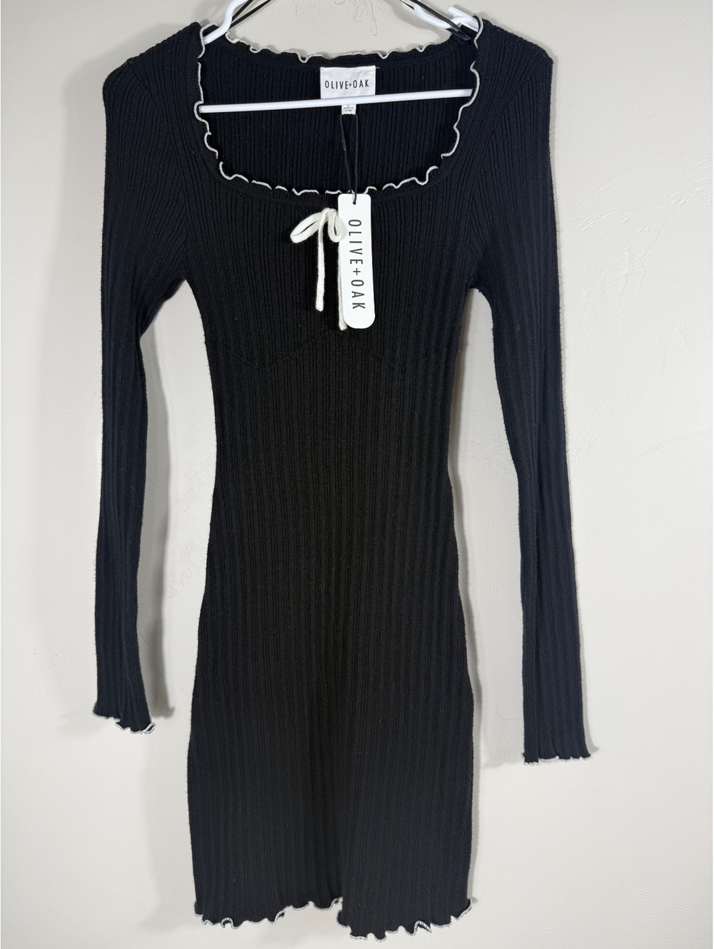 Olive + Oak Black Ribbed Mini Dress White Contrast Trim | Large